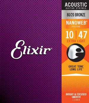 Elixir Strings Nanoweb 80/20 Bronze Acoustic Guitar Strings -.010-.047 Extra Light