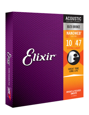 Elixir Strings Nanoweb 80/20 Bronze Acoustic Guitar Strings -.010-.047 Extra Light