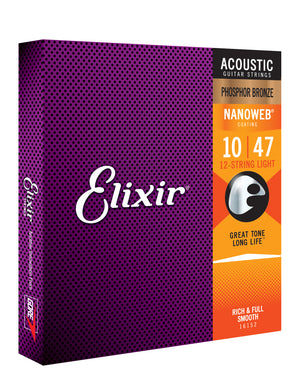 Elixir Strings Nanoweb Phosphor Bronze Acoustic Guitar Strings -.010-.047 & .010-.027 12-String Light
