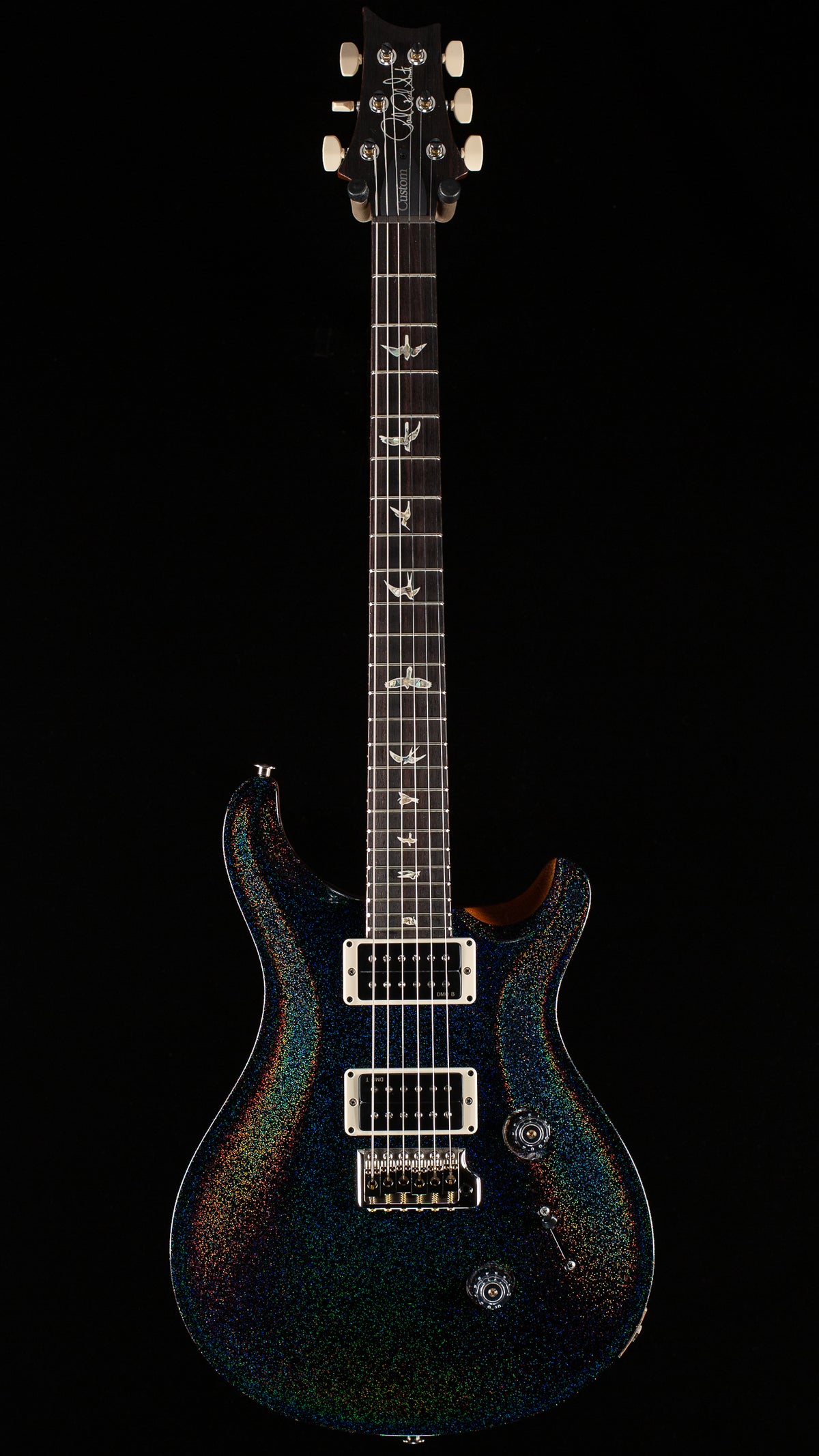 PRS Custom 24 Black Rainbow Holoflake Top Natural Back (030)