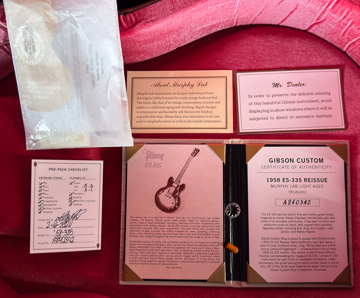 2024 Gibson Custom Shop 1958 ES-335 Reissue Triburst Murphy Lab Light Aged Headstock Repair