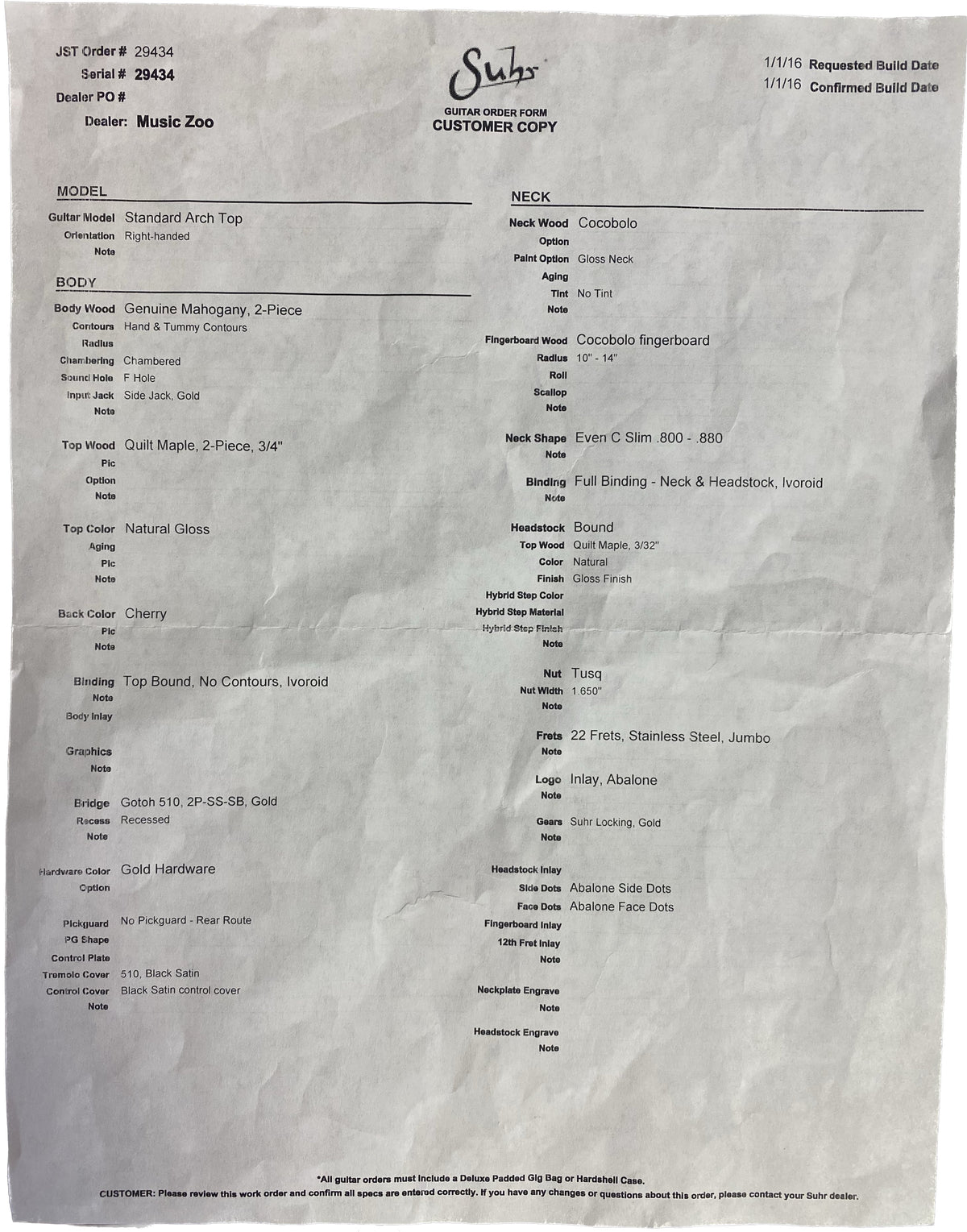 Suhr Custom Artchtop Natural Quilt Cocobolo Neck