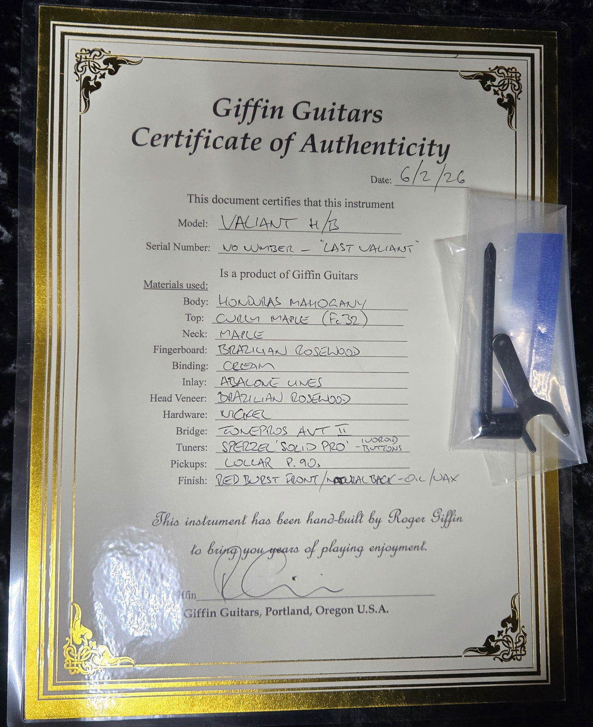 Giffin Valiant H/B 3-Pickup Red Burst Oil/Wax Brazilian Rosewood (NOSN)