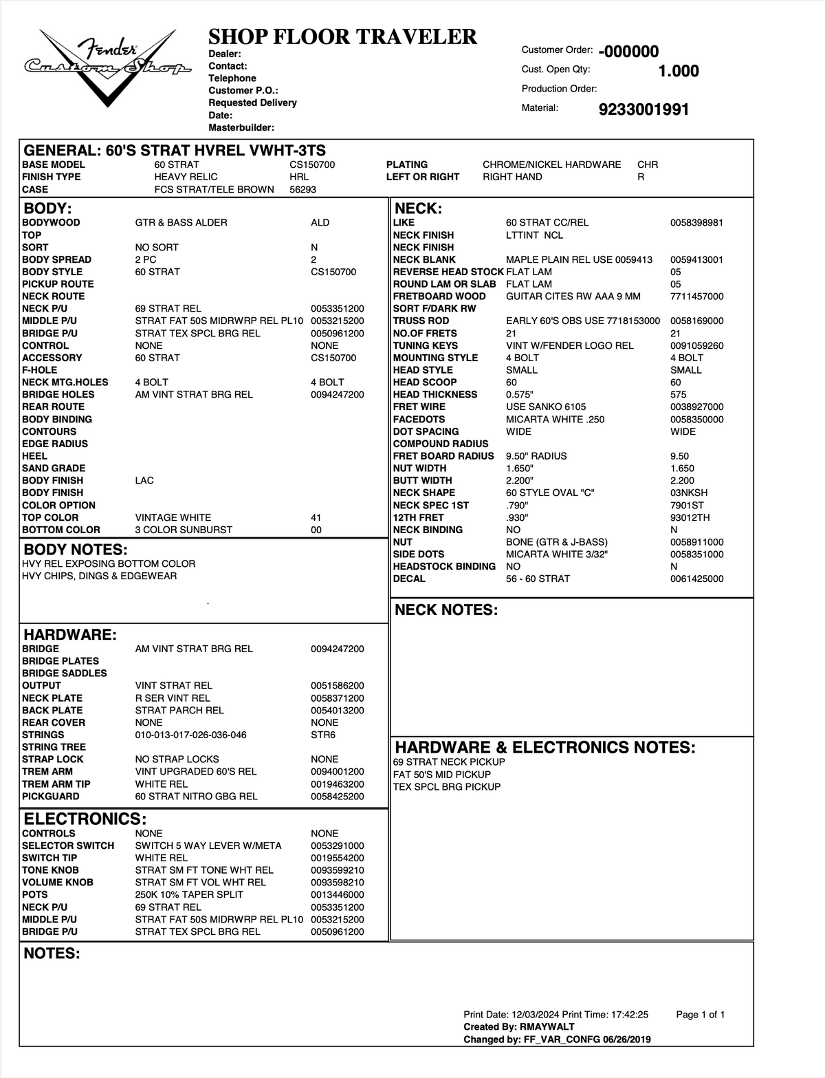 Fender Custom Shop 1960 Stratocaster® Heavy Relic Vintage White over 3-Tone Sunburst (606)