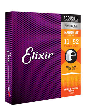 Elixir Strings Nanoweb 80/20 Bronze Acoustic Guitar Strings -.011-.052 Custom Light