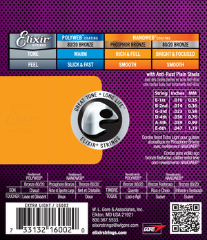 Elixir Strings Nanoweb Phosphor Bronze Acoustic Guitar Strings -.010-.047 Extra Light
