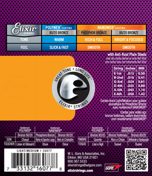 Elixir Strings Nanoweb Phosphor Bronze Acoustic Guitar Strings -.012-.056 Light-Medium