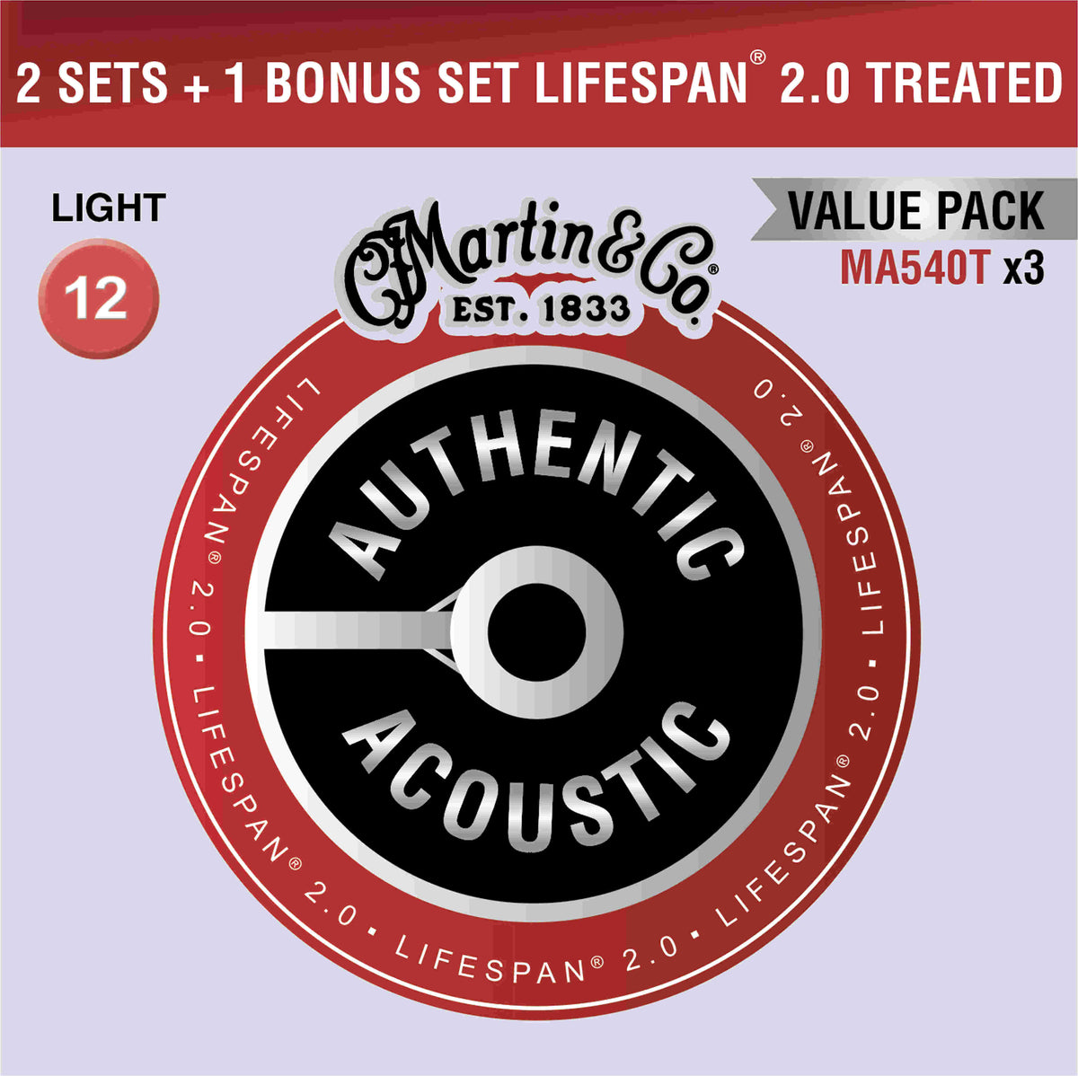 Martin Authentic Acoustic Lifespan 2.0 Phosphor Bronze Guitar Strings -.012-.054 Light Value Pack