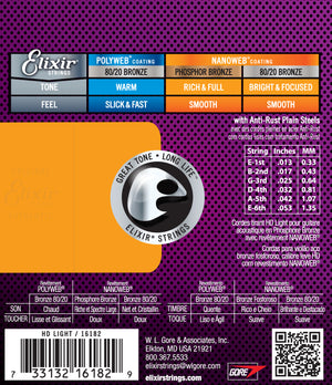 Elixir Strings Nanoweb Phosphor Bronze Acoustic Guitar Strings -.013-.053 HD Light