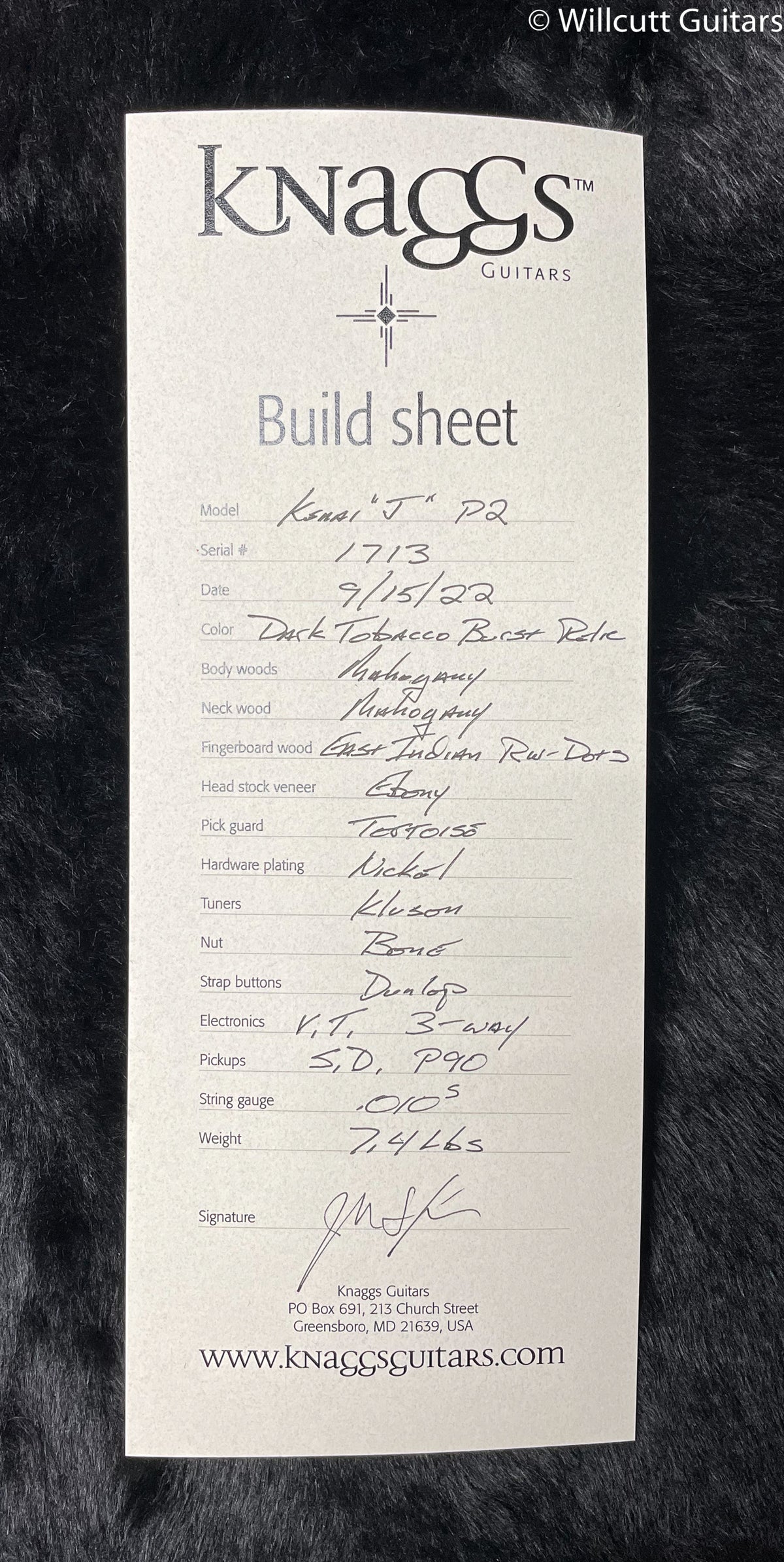 Knaggs Kenai-J P2 Dark Tobacco Burst Relic (713)