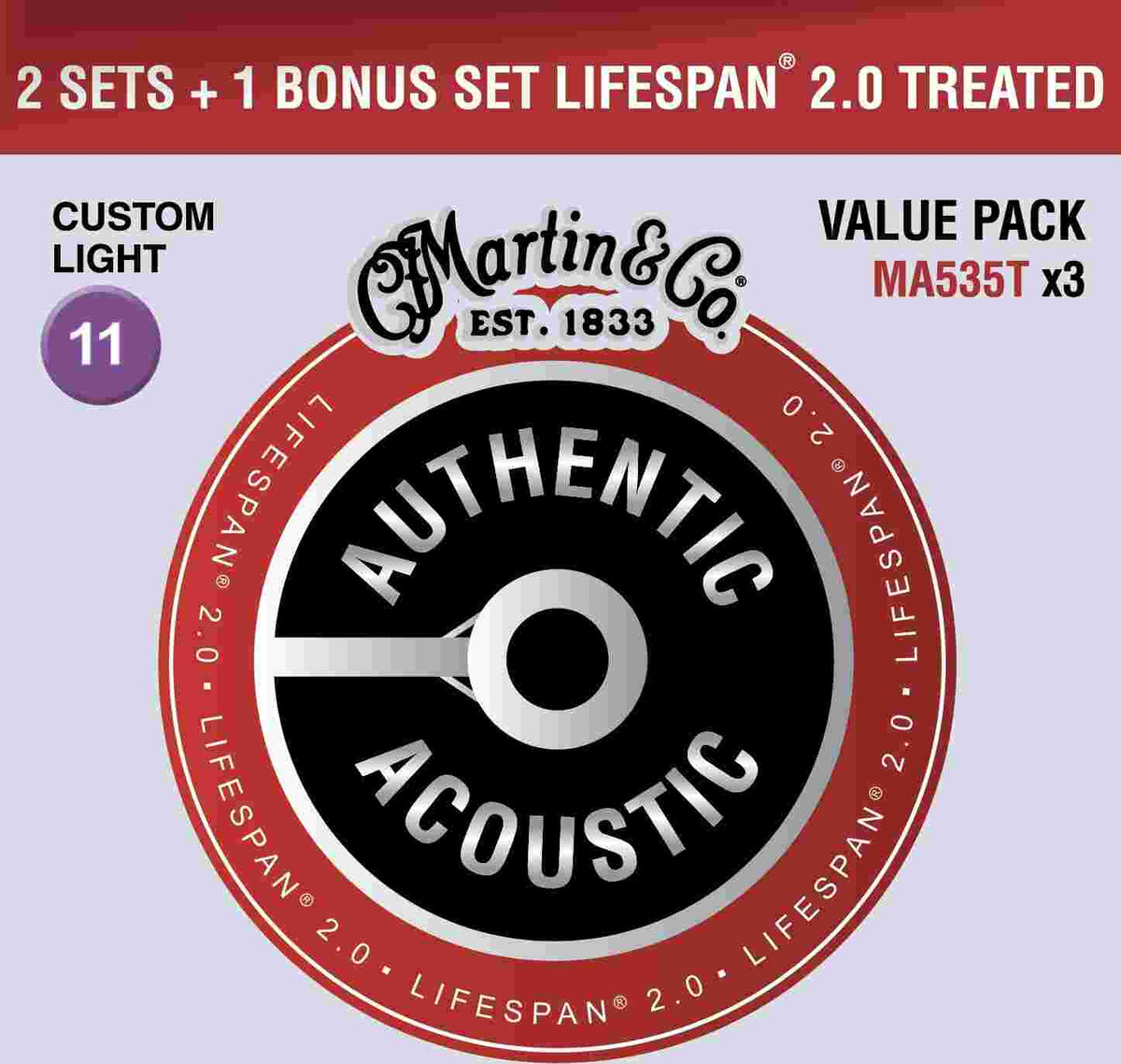 Martin Authentic Acoustic Lifespan 2.0 Phosphor Bronze Guitar Strings -.011-.052 Custom Light Value Pack