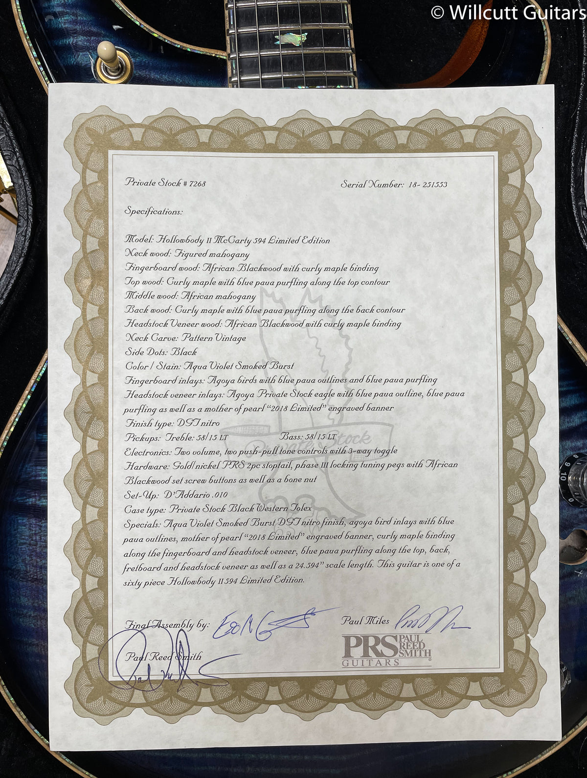 PRS Private Stock 7268 McCarty 594 Hollowbody II Limited Edition Aqua Violet Smoked Burst