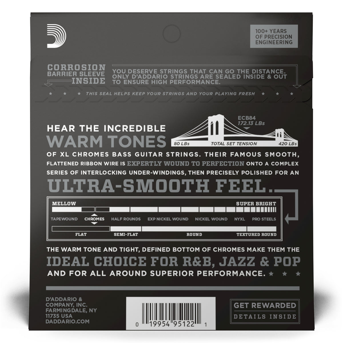 D'Addario ECB84 40-100 Custom Light, Long Scale, XL Chromes