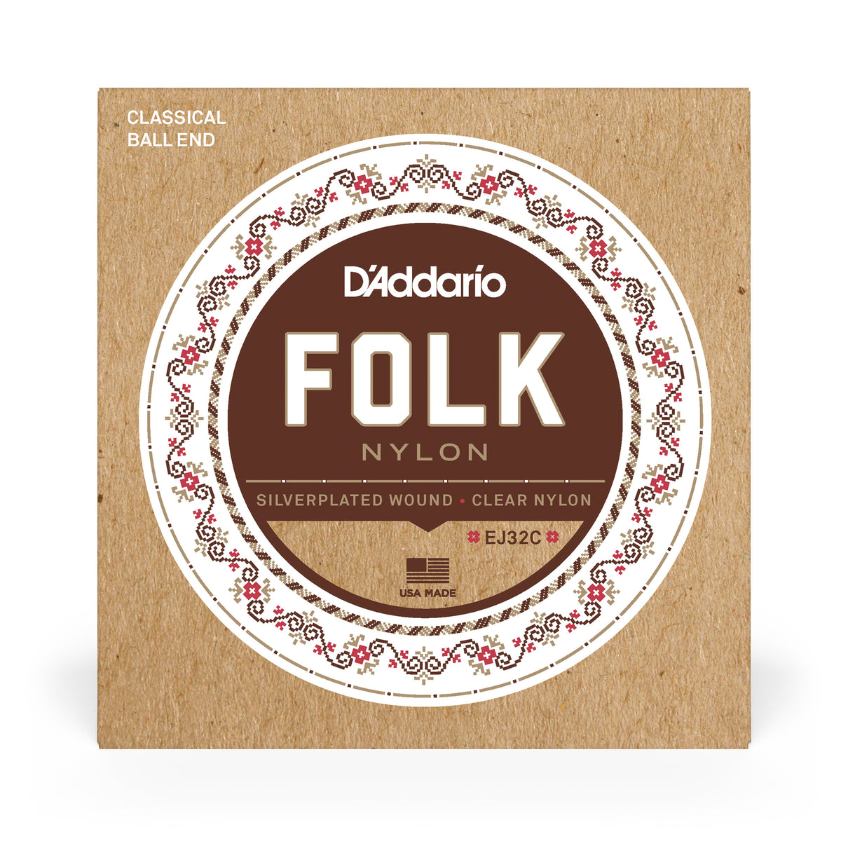 D&#39;Addario EJ32C Folk Nylon, Ball End, Silver-Plated Copper/Clear Nylon