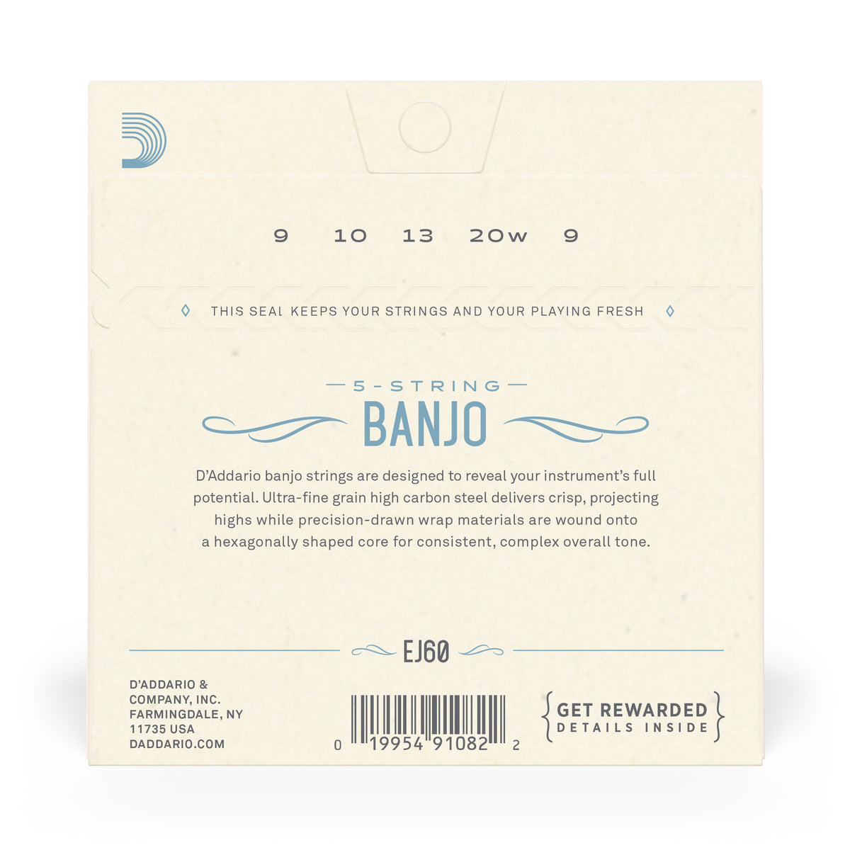 D&#39;Addario EJ60, 5-String Banjo, Nickel, Light 09-20
