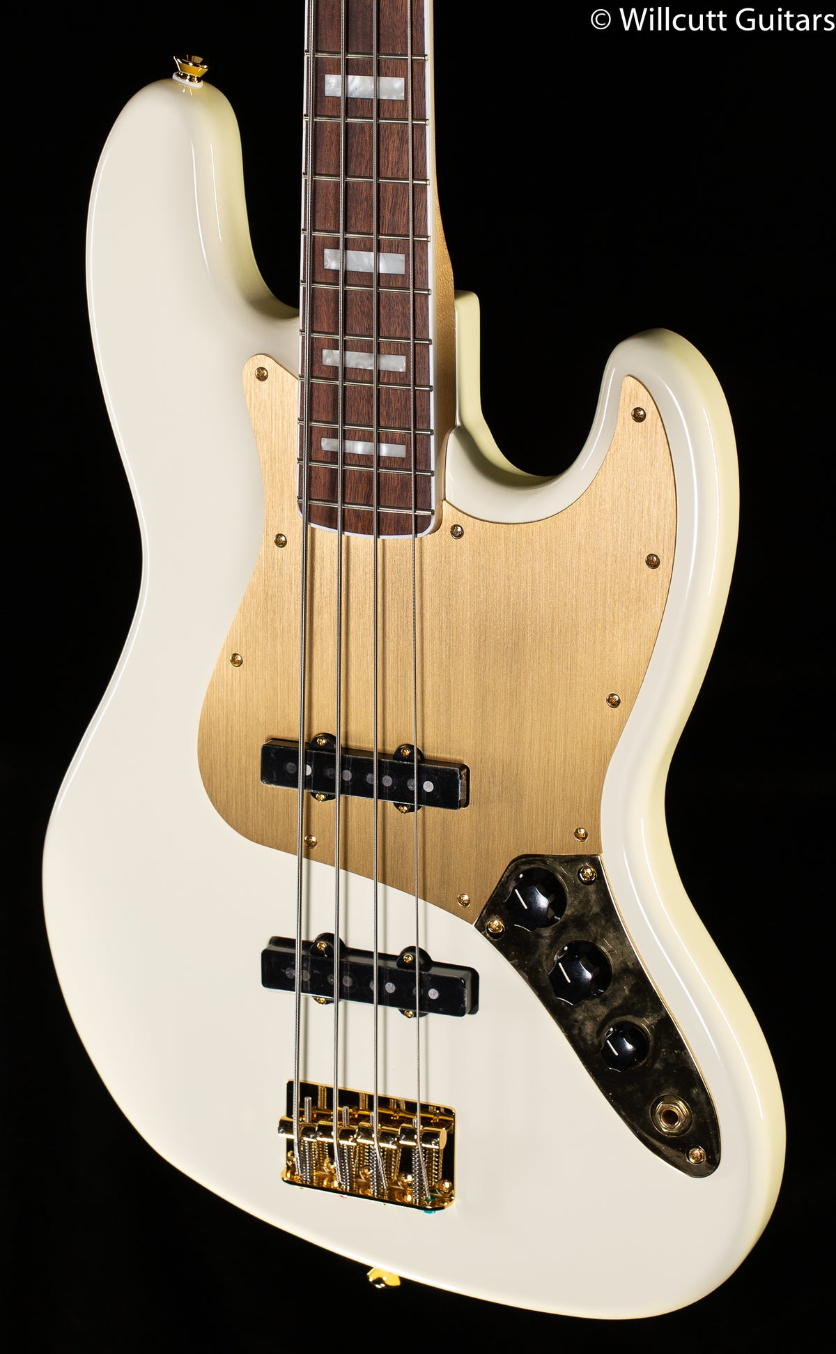 Squier 40th Anniversary Jazz Bass Gold Edition Laurel Fingerboard Gold Anodized Pickguard Olympic White Bass Guitar