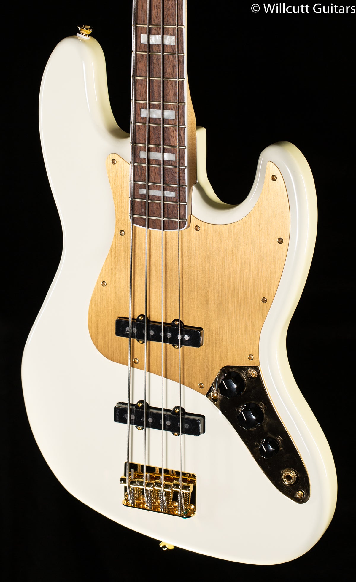 Squier 40th Anniversary Jazz Bass Gold Edition Laurel Fingerboard Gold Anodized Pickguard Olympic White Bass Guitar