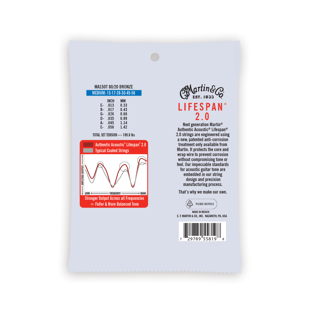 Martin Authentic Acoustic Lifespan 2.0 80/20 Bronze Guitar Strings -.013-.056 Medium