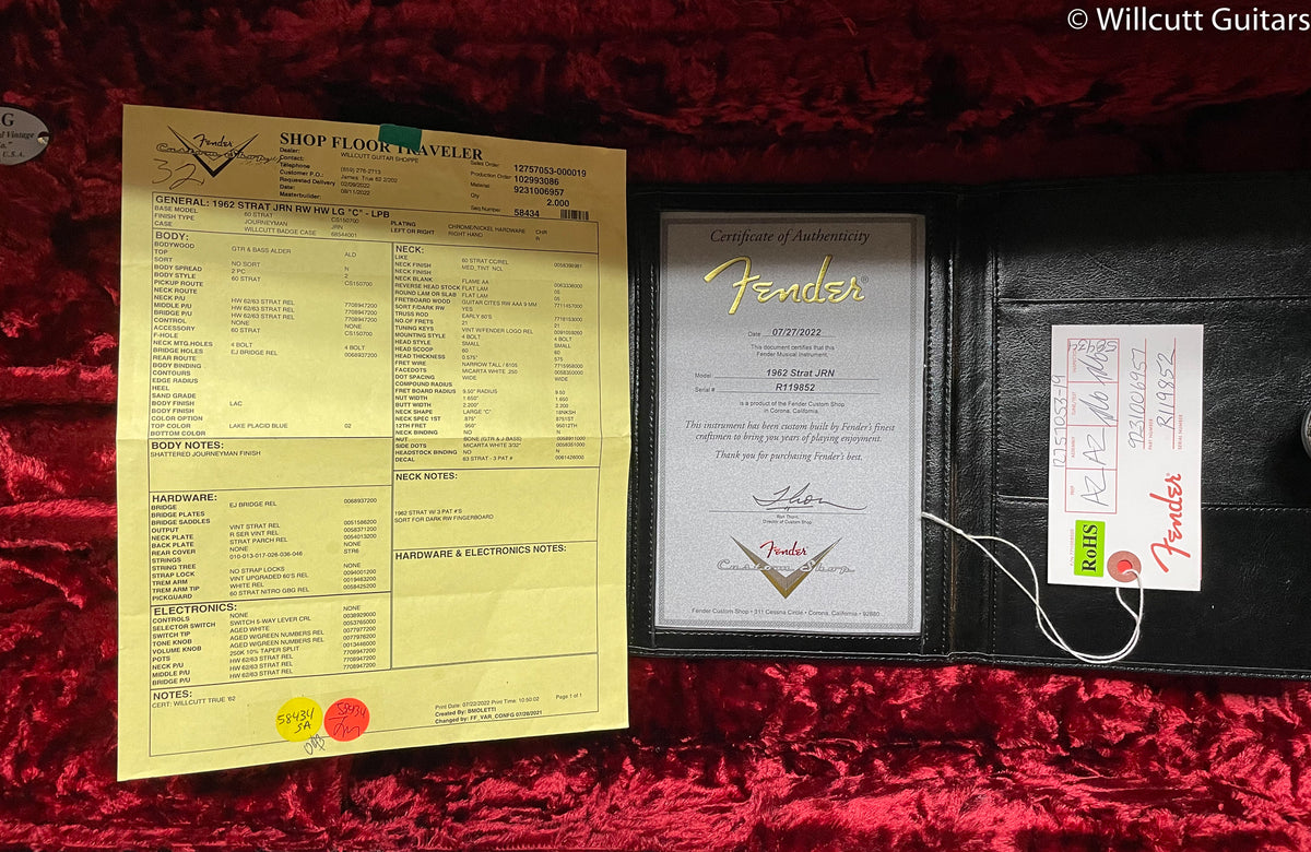 Fender Custom Shop Willcutt True &#39;62 Stratocaster Journeyman Relic Lake Placid Blue Large C (852)