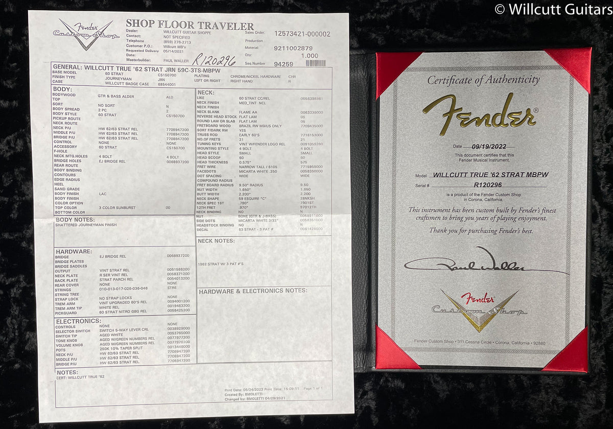 Fender Custom Shop WILLCUTT TRUE '62 STRAT JRN 59C-3TS-MBPW (296)