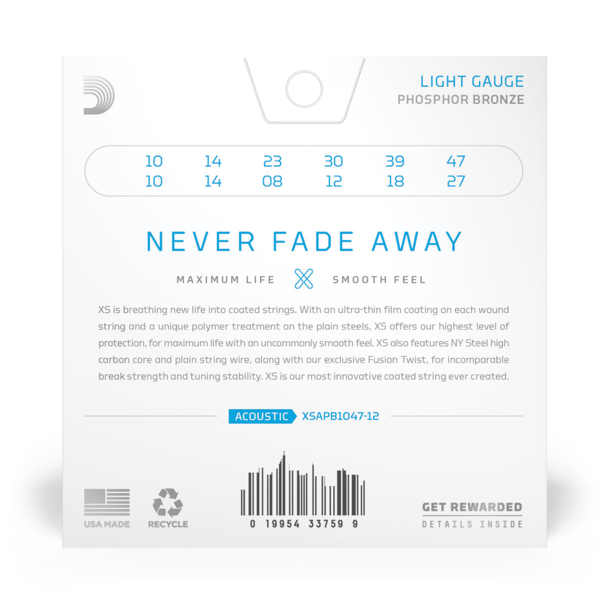 D'Addario XSAPB1047-12 10-47 12-String Extra Light, XS Coated Phosphor Bronze